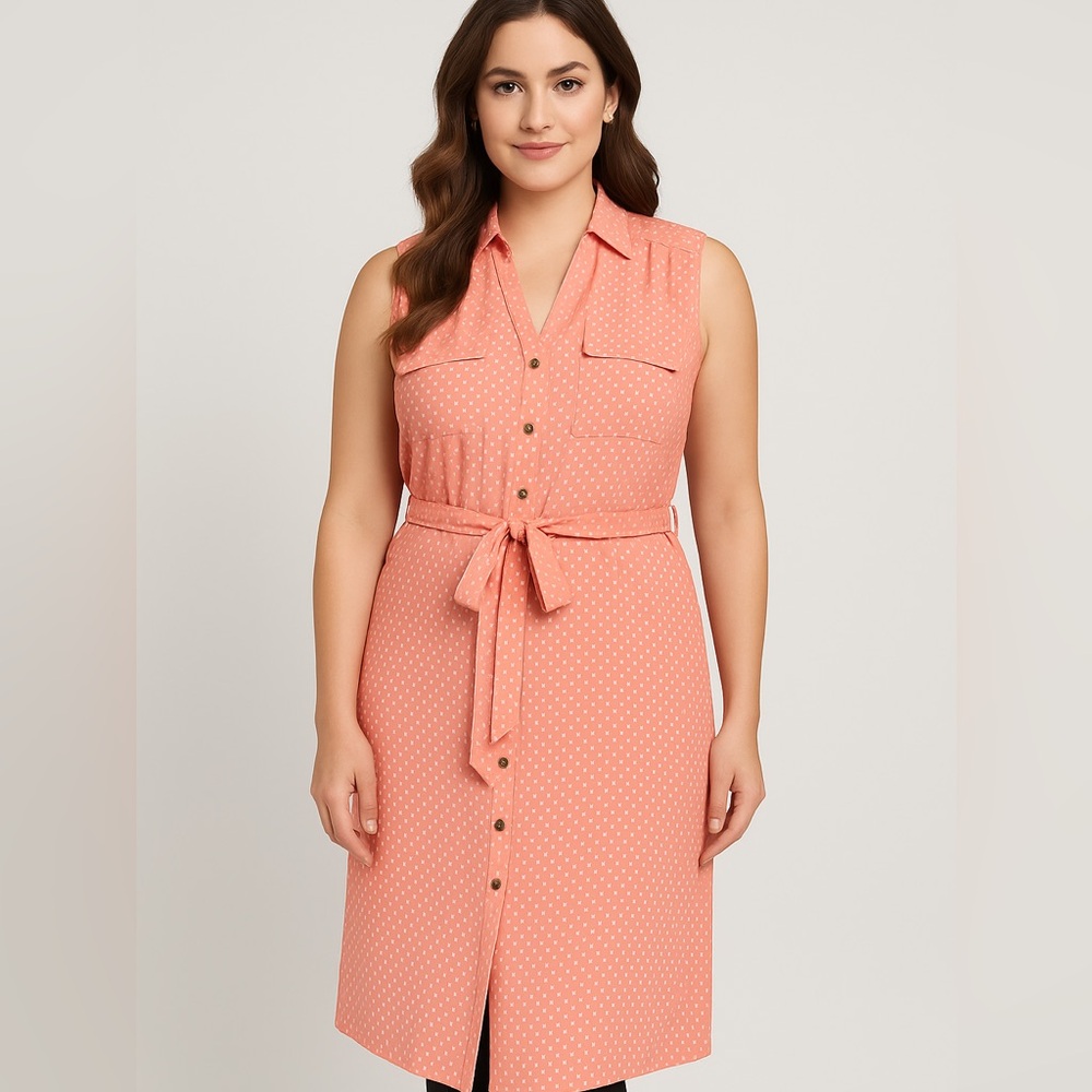 Croft and barrow coral  Midi Dress Sleeveless Belted Button Front